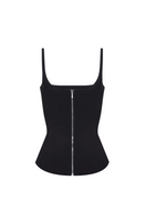 Black matte silk corset top with straps by BALYKINA, featuring a fitted design and smooth, luxurious fabric.