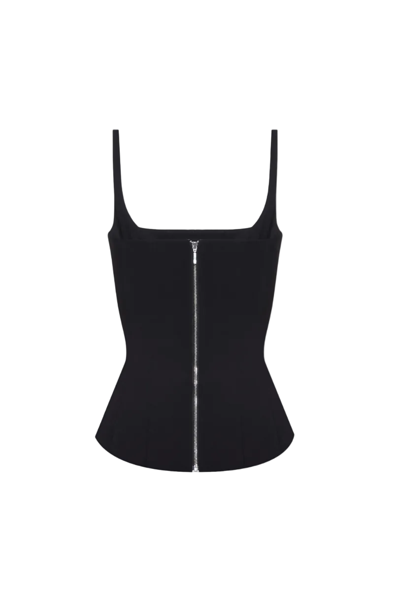 Black matte silk corset top with straps by BALYKINA, featuring a fitted design and smooth, luxurious fabric.