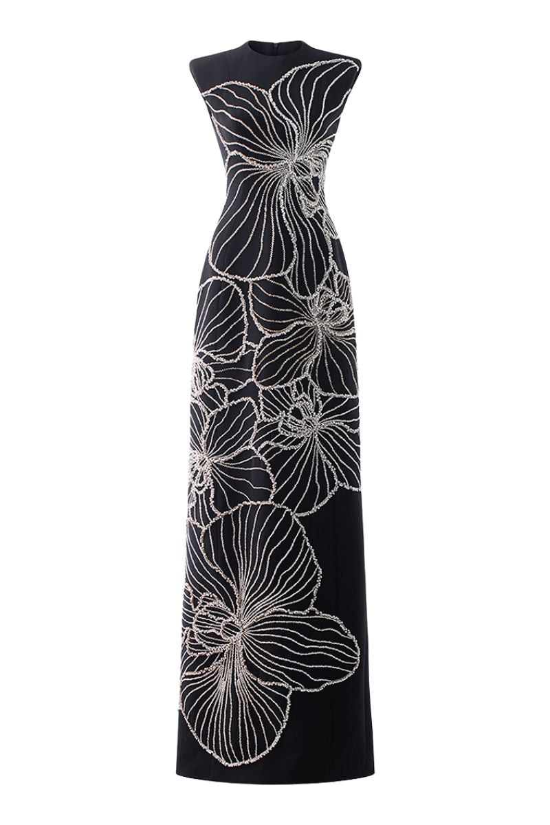 BLACK SLEEVELESS CRYSTAL ORCHID PATTERN GOWN - CULT MIA