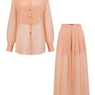 Melita Peach Fuzz silk pleated co-ords set by 21Six featuring a stylish shirt and matching pants in soft peach fabric.