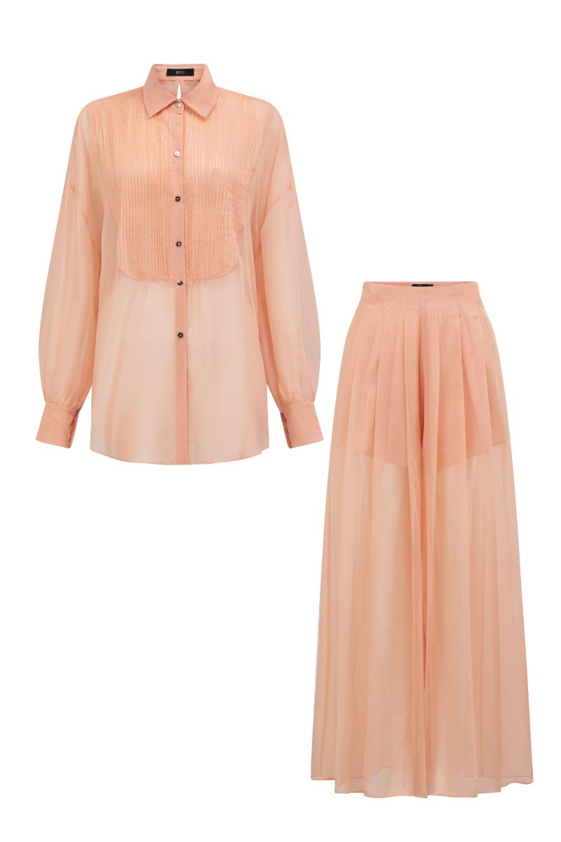 MELITA PEACH FUZZ SILK PLEATED SHIRT AND PANTS SET - CULT MIA