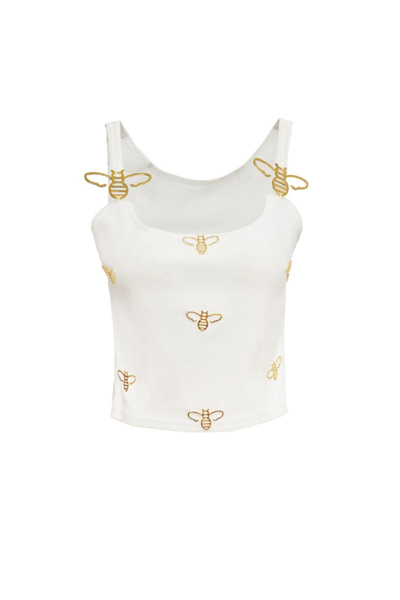 White Onalaja Bee Tank top, sleeveless casual tops, lightweight fabric, worn with a relaxed fit, front view image.