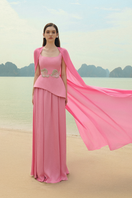 Lune De Soie ruched silk gown in elegant design, showcasing a flowing, luxurious silk fabric with detailed ruching.