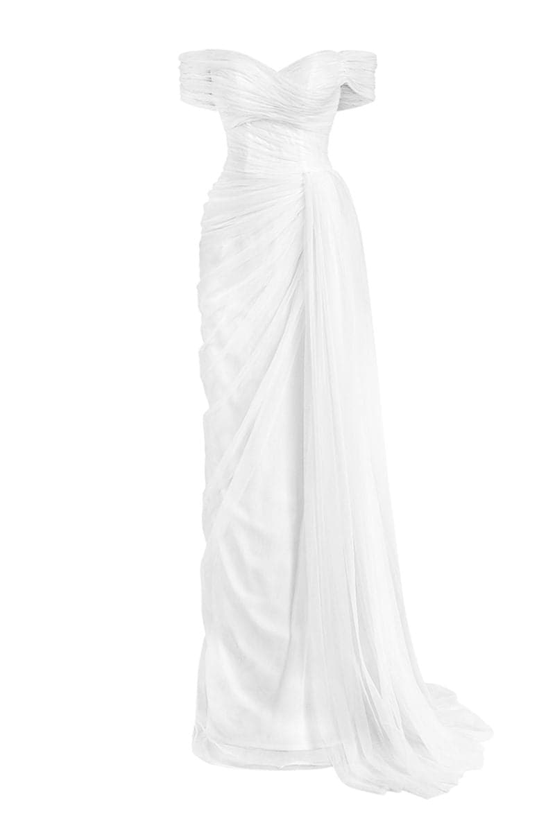 Le Thanh Hoa Sophia Simply White long gown displayed on a model, featuring flowing fabric and elegant design.