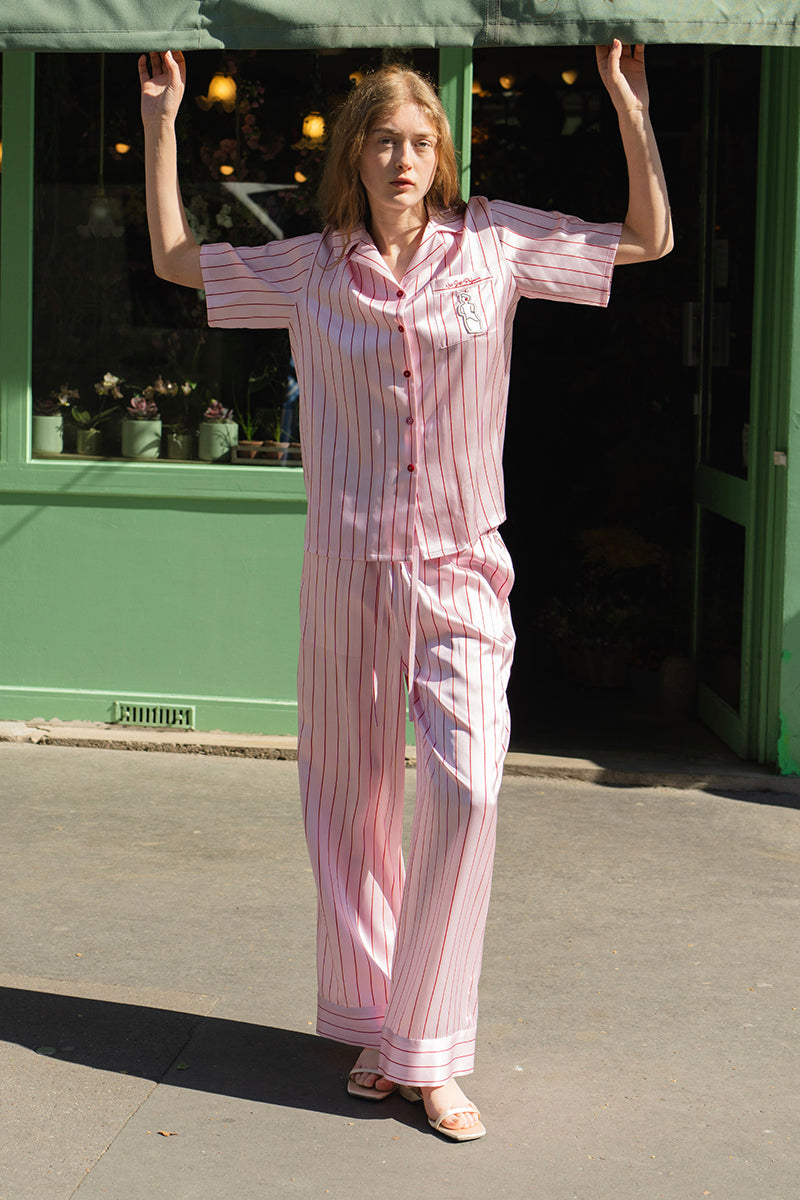 MUSEUM OF CRUSH SHORT-SLEEVE LONG-PANTS PAJAMA SET IN PINK STRIPE - CULT MIA