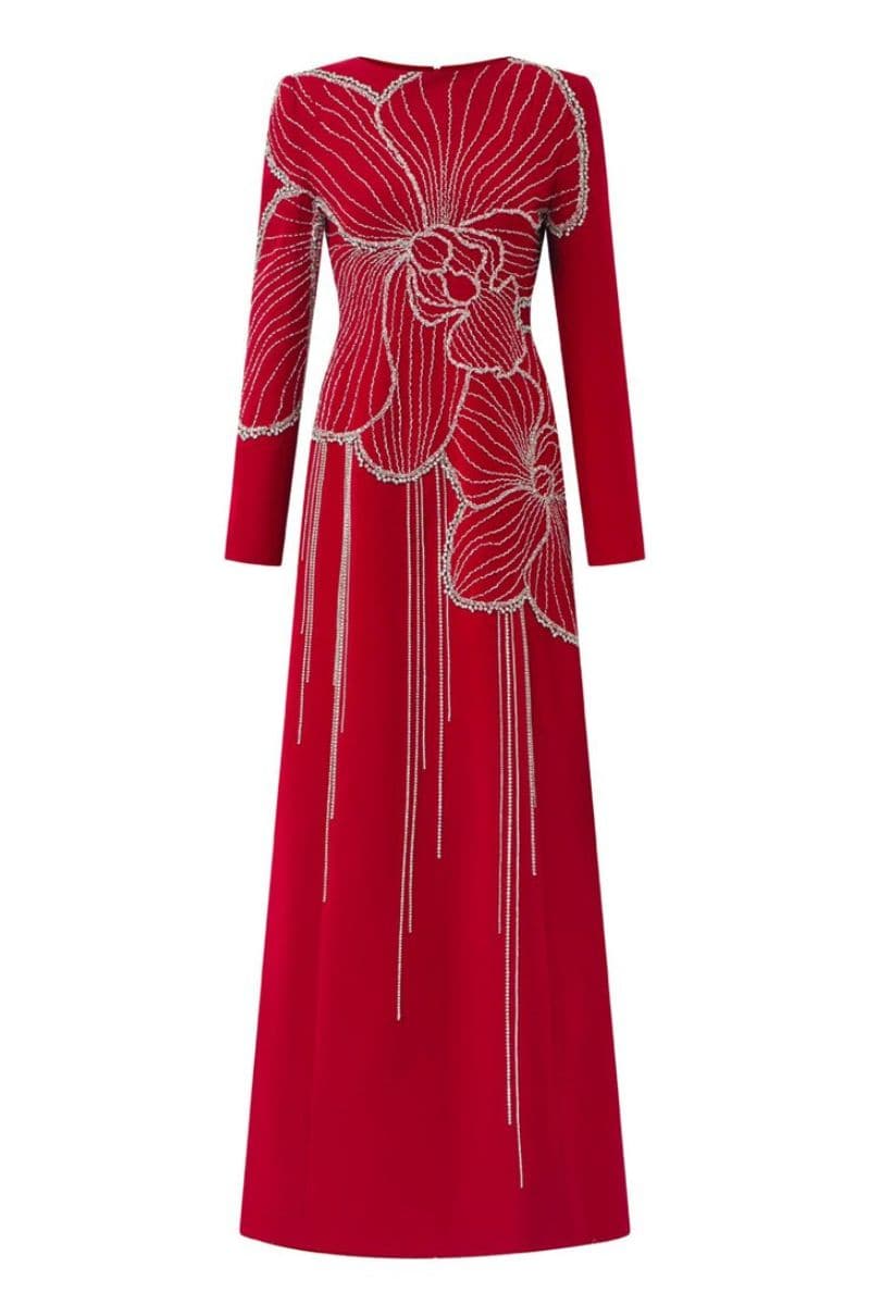 RED ORCHID CRYSTAL EMBELLISHED GOWN - CULT MIA
