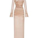 Montsand nude draped ruched jersey maxi dress showing a flowing, elegant design with gathered fabric and a fitted silhouette.