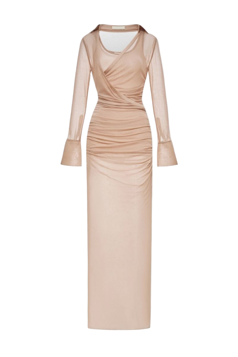NUDE DRAPED RUCHED JERSEY DRESS