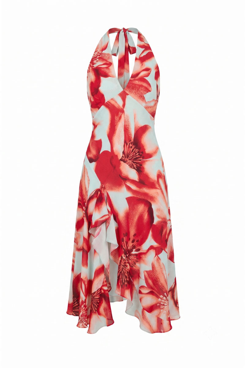 Summer Away Zerina floral midi dress in Corallo with vibrant coral and floral pattern, lightweight and flowy for warm weather.