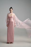 Elegant white pearl straight long gown with scarf detail by Happy Clothing, featuring a sleek silhouette and sophisticated design.