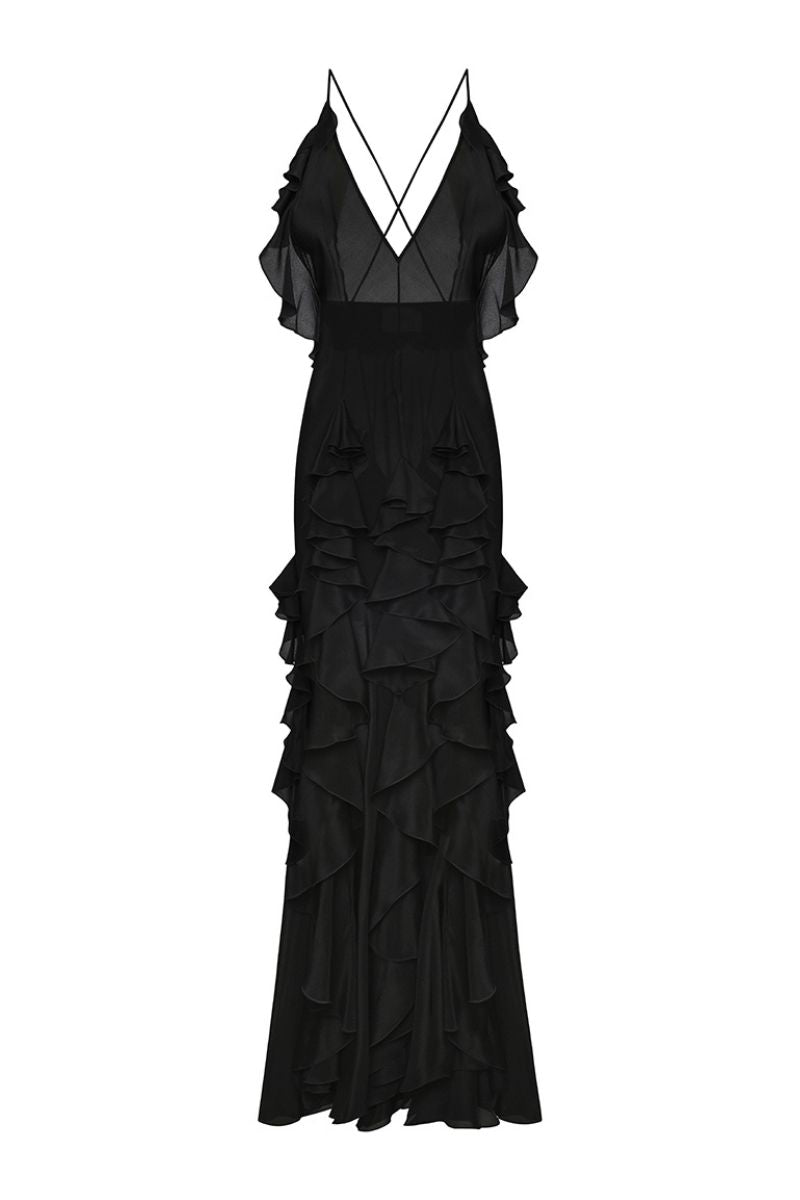 OPEN BACK RUFFLE GOWN IN BLACK - CULT MIA