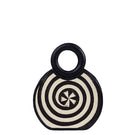 Adriana Castro Zenú mini raffia and leather top handle bag in black with structured design and gold-tone hardware.