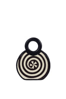 Adriana Castro Zenú mini raffia and leather top handle bag in black with structured design and gold-tone hardware.