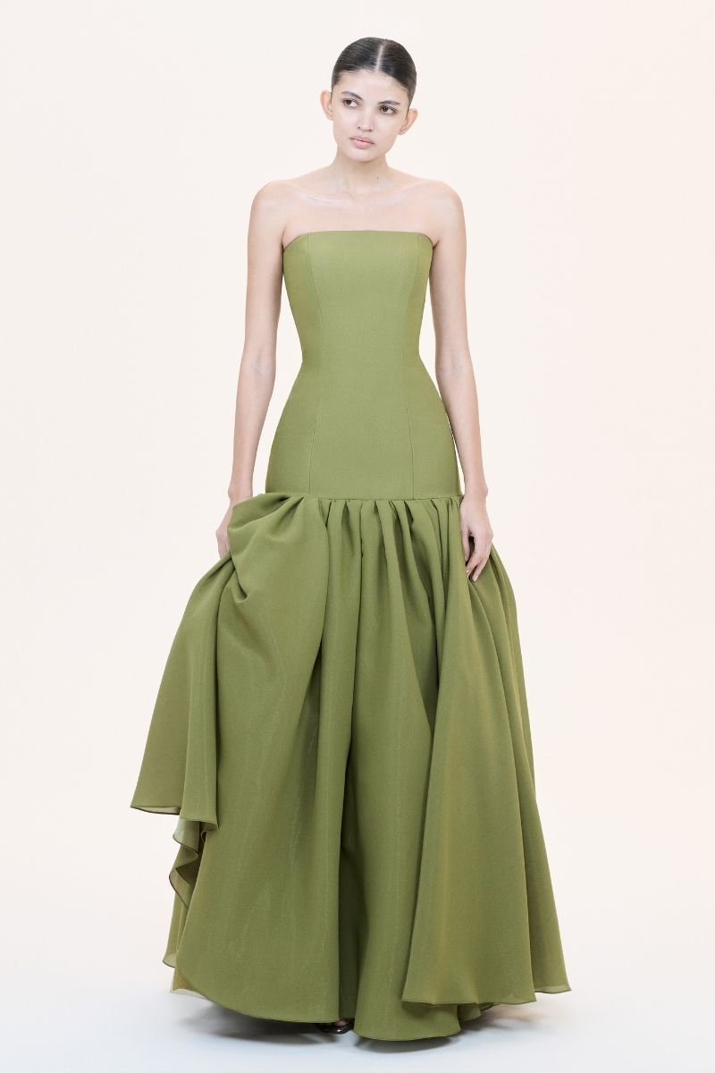Nihan Peker Lizdress drop waist gown in elegant fabric, featuring a flowing silhouette and subtle detailing.
