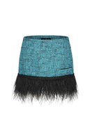 Nana Jacqueline Daphne blue tweed mini skirt with feather trim, stylish and textured fashion piece for modern outfits.