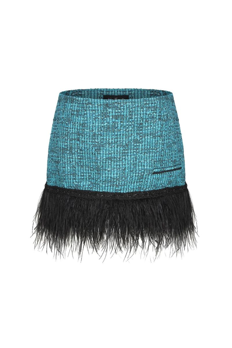 Nana Jacqueline Daphne blue tweed mini skirt with feather trim, stylish and textured fashion piece for modern outfits.