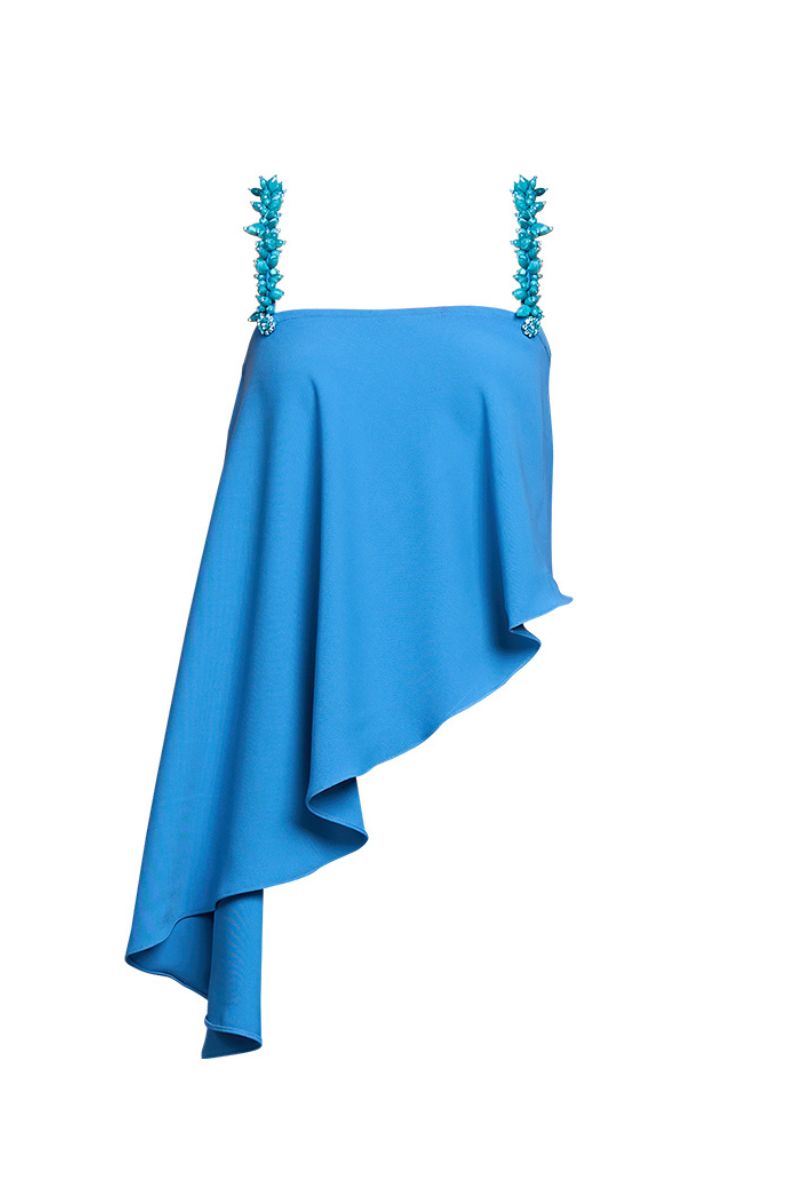 Aidan & Ice Flora Blue Top, stylish women's blouse with floral pattern and short sleeves, displayed on a hanger.