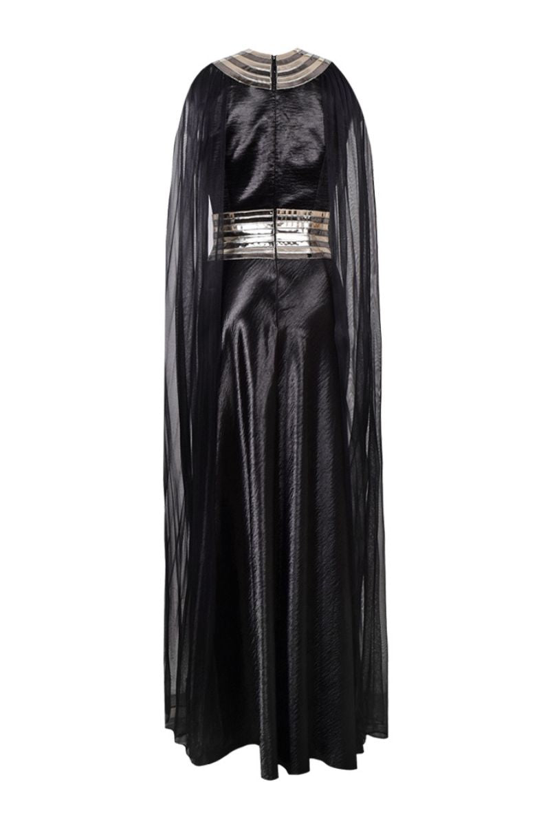 BLACK FALL-PANELLED TEXTURED SATIN GOWN - CULT MIA