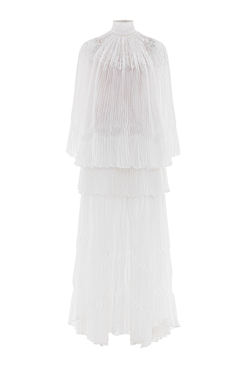 LACE-TRIMMED PLEATED MAXI DRESS