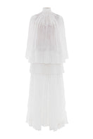 Le Thanh Hoa lace-trimmed pleated maxi dress featuring soft fabric, flowing silhouette, and elegant design.