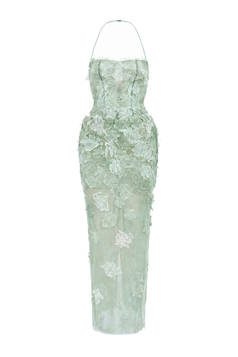 Mint Annabelle Tulle Dress by 21Six, a flowing maxi dress with tulle fabric, displayed on a hanger against a neutral background.