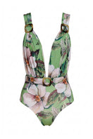 Nur Karaata Riviera Rêve one-piece swimsuit with vibrant floral pattern, fitted design, and adjustable straps.