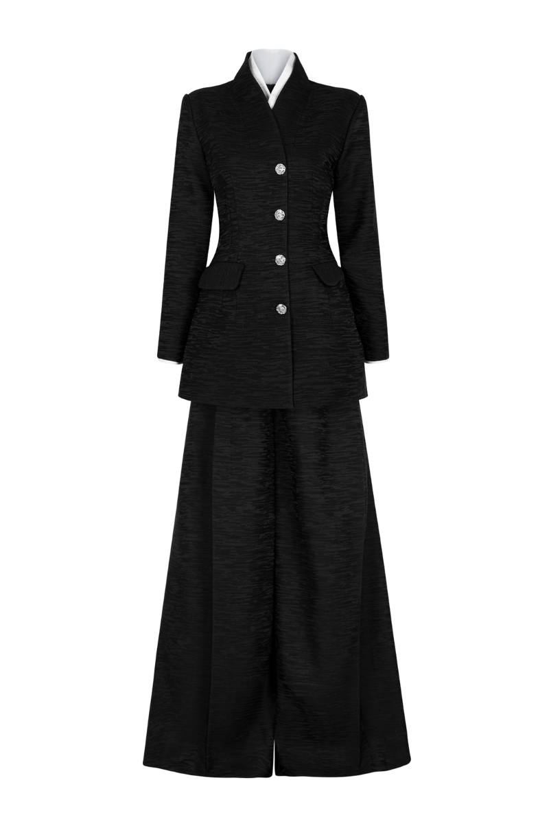 Valenciani high collar fitted blazer and wide-leg trousers co-ord set, tailored look with structured blazer and flowing trousers.