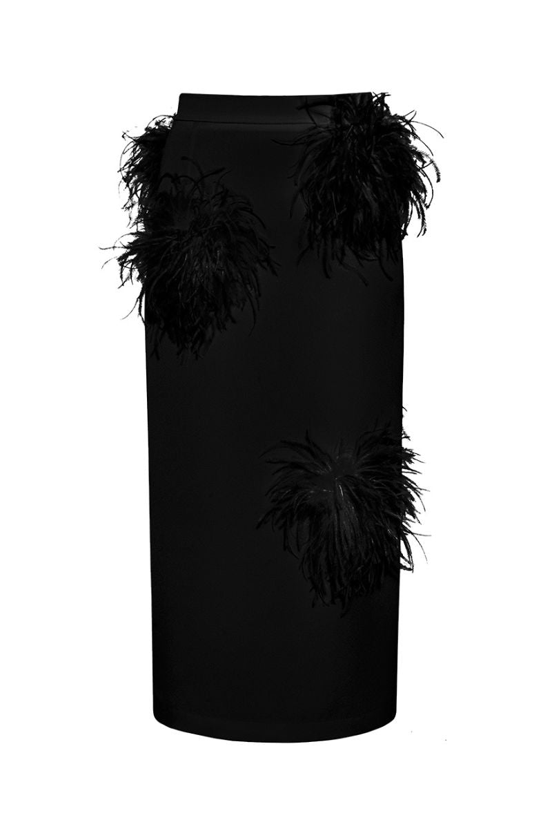 BLACK PENCIL SKIRT WITH FEATHER DETIALS