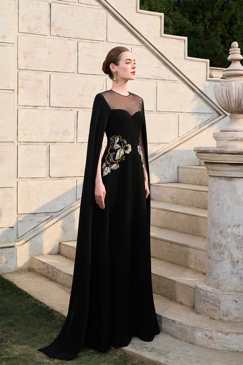 VELVET SATIN CAPE SLEEVE GOWN IN BLACK | CULT MIA VELVET SATIN CAPE SLEEVE GOWN IN BLACK | CULT MIA