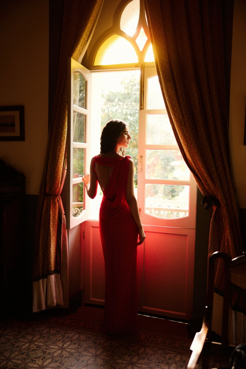 Deme By Gabriella Adriana Red Maxi Dress featuring a flowing silhouette and elegant design, perfect for formal or summer occasions.