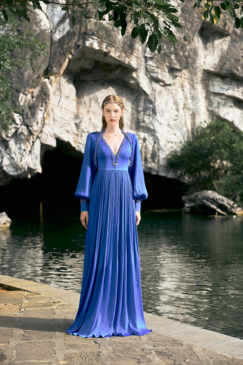 COBALT LONG PUFFY SLEEVE V-NECK GOWN - CULT MIA