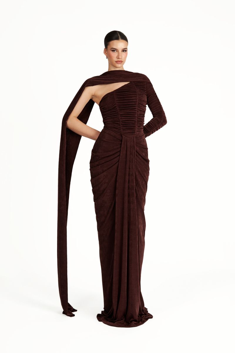 KEMMIYE brown maxi dress by Khanum's featuring flowing fabric and elegant design, perfect for formal or casual occasions.