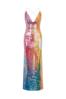 Sudi Etuz maxi backless sequin dress in summer gradient with shimmering sequins and flowing silhouette, perfect for summer events.