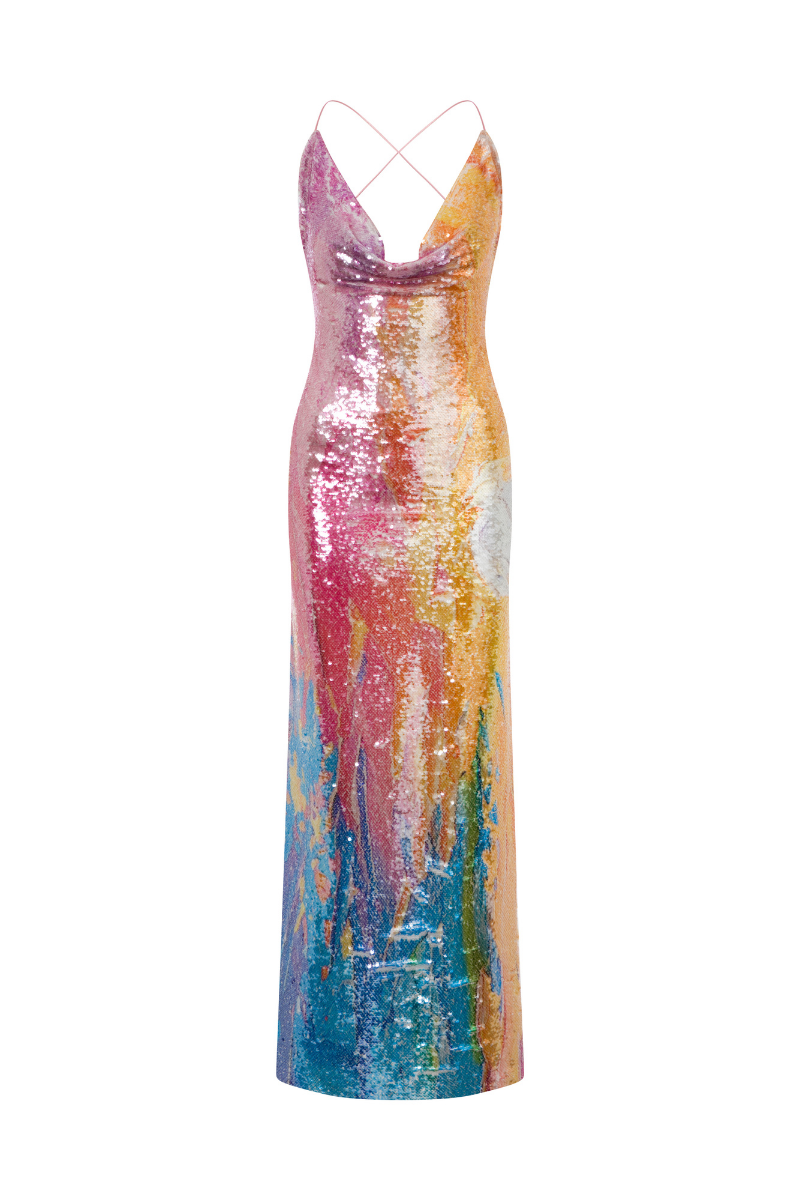 milla striking sequined maxi dress BACKLESS SEQUIN IN SUMMER GRADIENT | CULT MIA 42.5 inches / 108 Size:US 11 Green Cotton Puff Sleeve Inexpensive Short Strapless Prom Dresses
