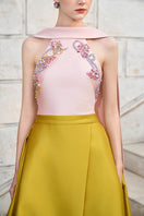 Pink and yellow bamboo taffeta gown by Tracy Studio, elegant long dress with a flowing silhouette and intricate fabric details.