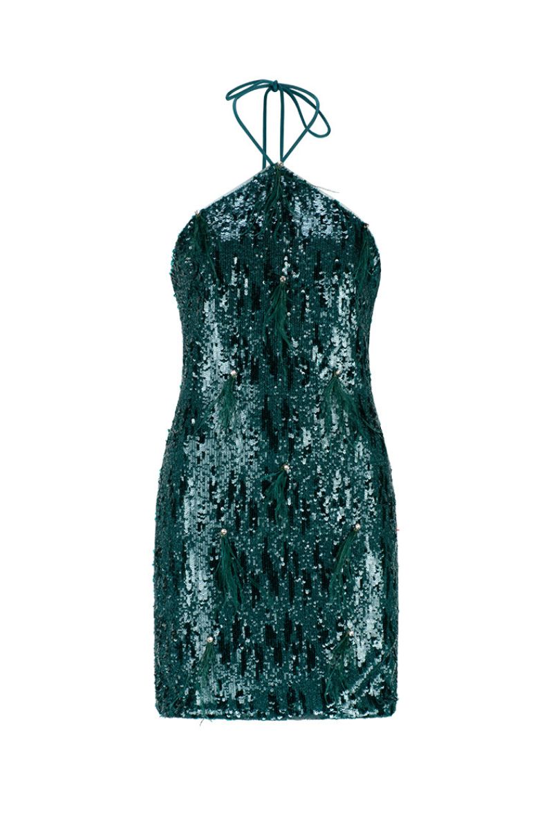 ELORA FEATHER SEQUIN MINI IN EMERALD - CULT MIA