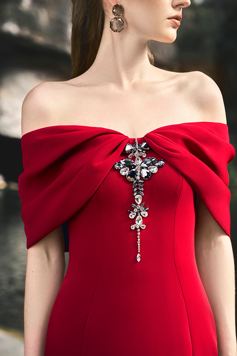 RED GATHERED OFF-SHOULDER GOWN - CULT MIA