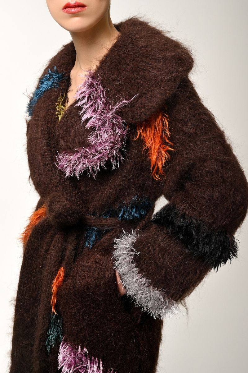 Lalo oversized coat with belt in multi-color, featuring a relaxed fit and stylish design perfect for fall and winter wear.