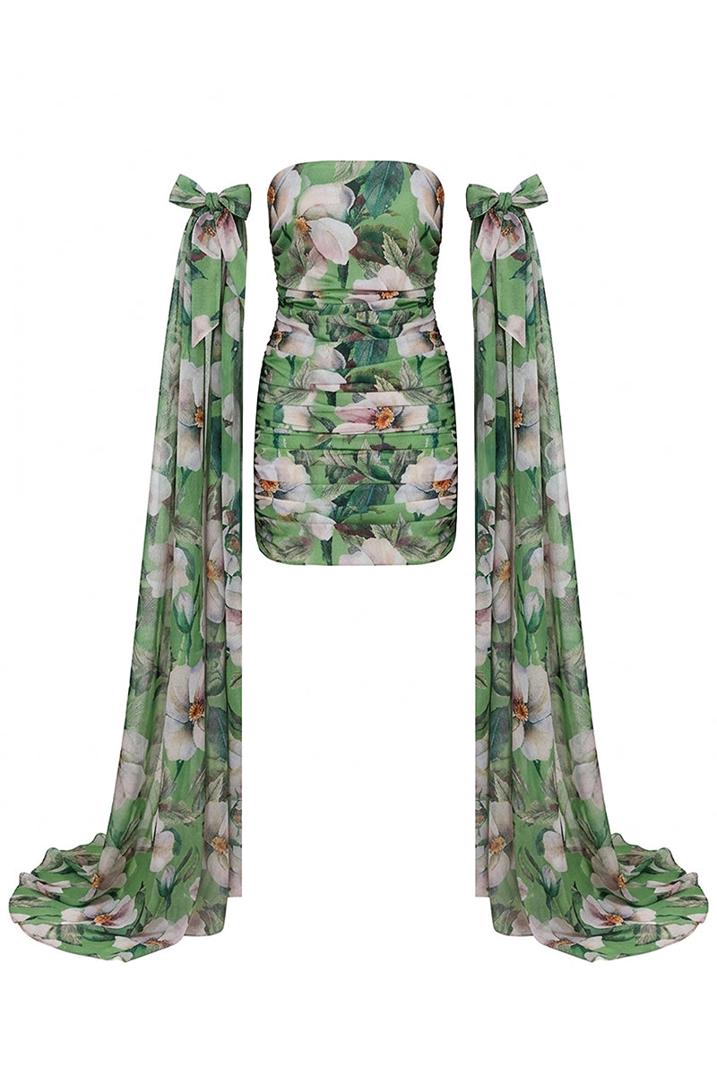 Nur Karaata Poppy Reverie Dress mini dress in vibrant floral print, featuring a fitted bodice and flowing skirt.