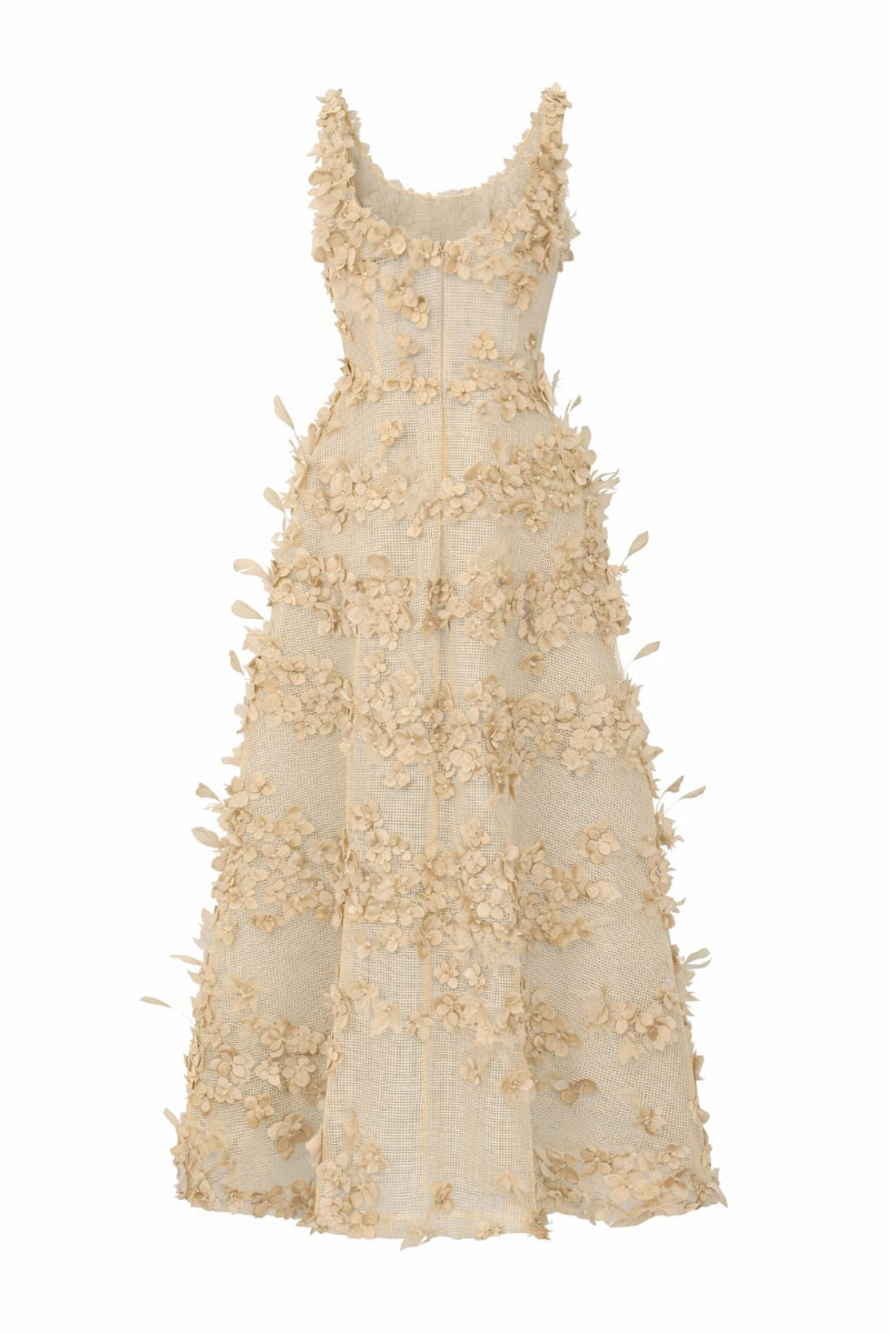 Beige Alessia silk taffeta and tulle maxi dress by 21Six, elegant flowing dress with layered fabric and intricate details.