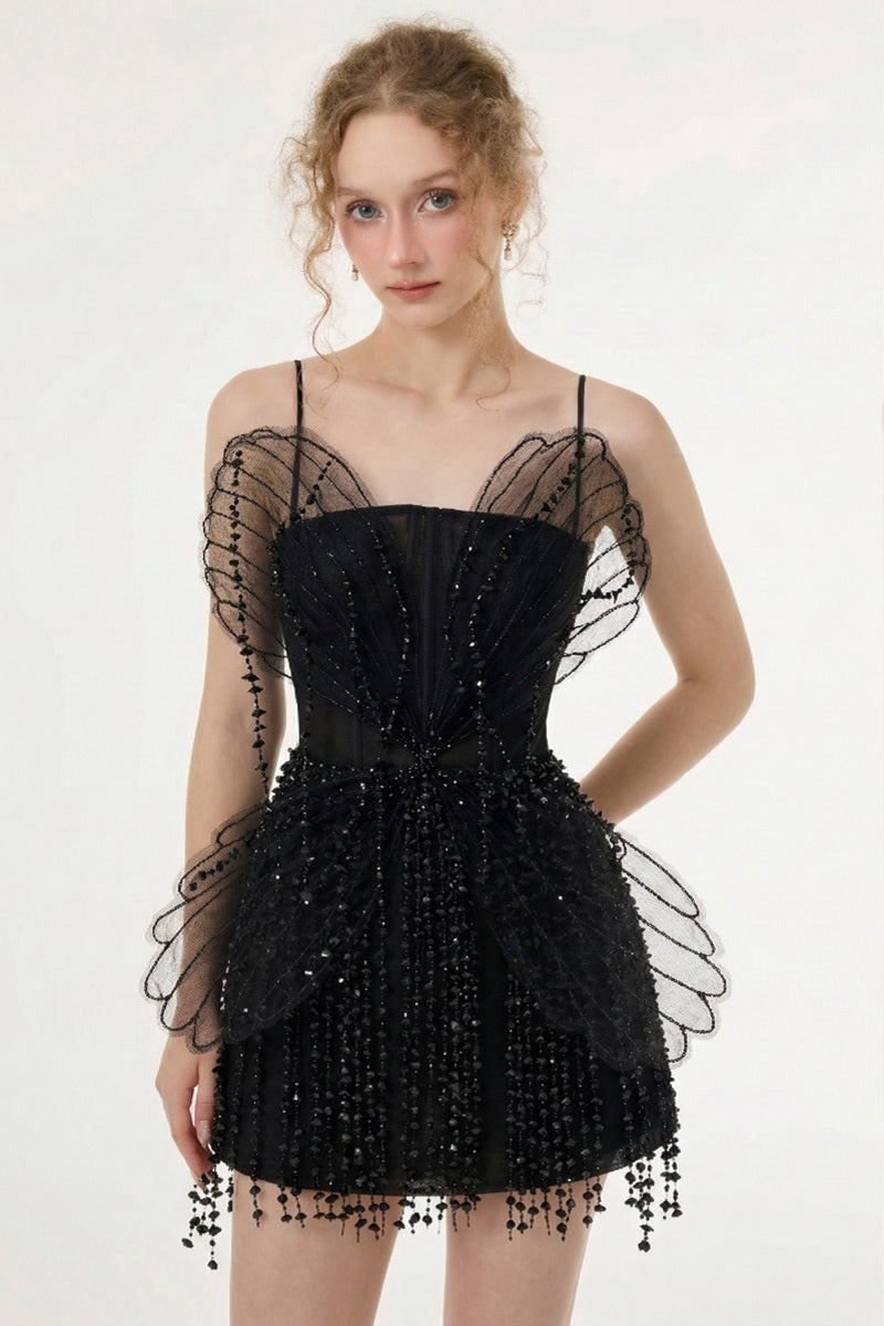 Black Sabrina lace and tulle mini dress by 21Six featuring intricate lace details and a fitted silhouette.
