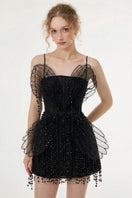 Black Sabrina lace and tulle mini dress by 21Six, featuring intricate lace details and a stylish tulle overlay.