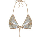 Bronze hand-crochet mother of pearl bra top by Mirel Prentice, featuring intricate crochet detail and shimmering pearl accents.