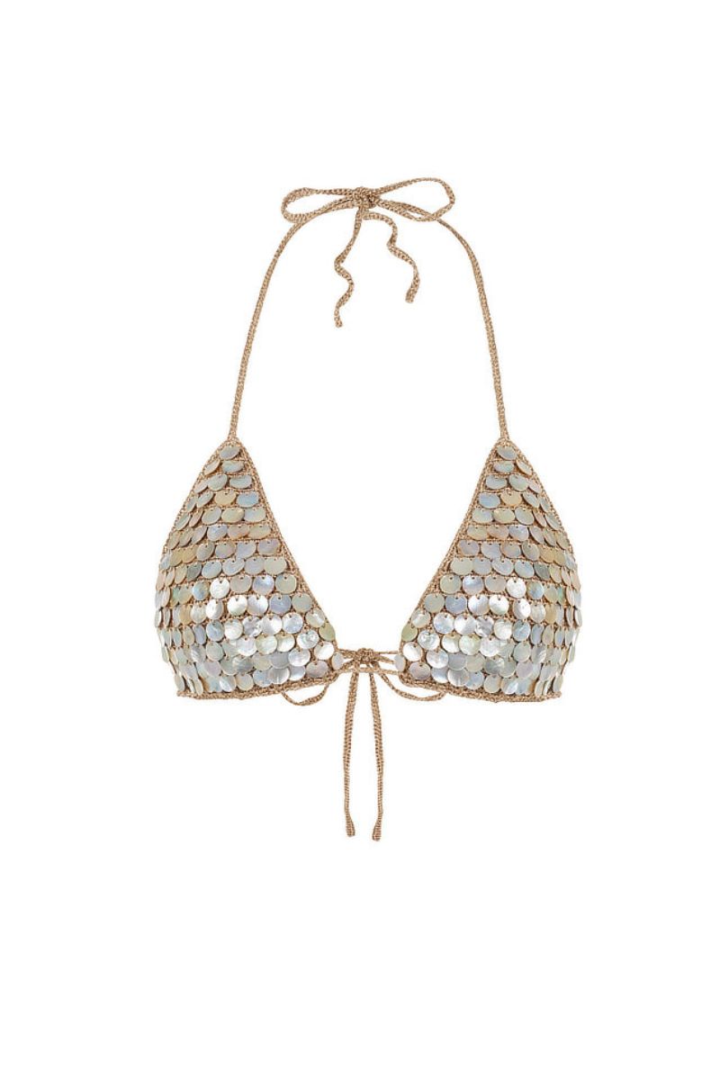 BRONZE HAND-CROCHET MOTHER OF PEARL BRA TOP - CULT MIA