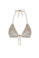 Bronze hand-crochet mother of pearl bra top by Mirel Prentice, featuring intricate crochet detail and shimmering pearl accents.