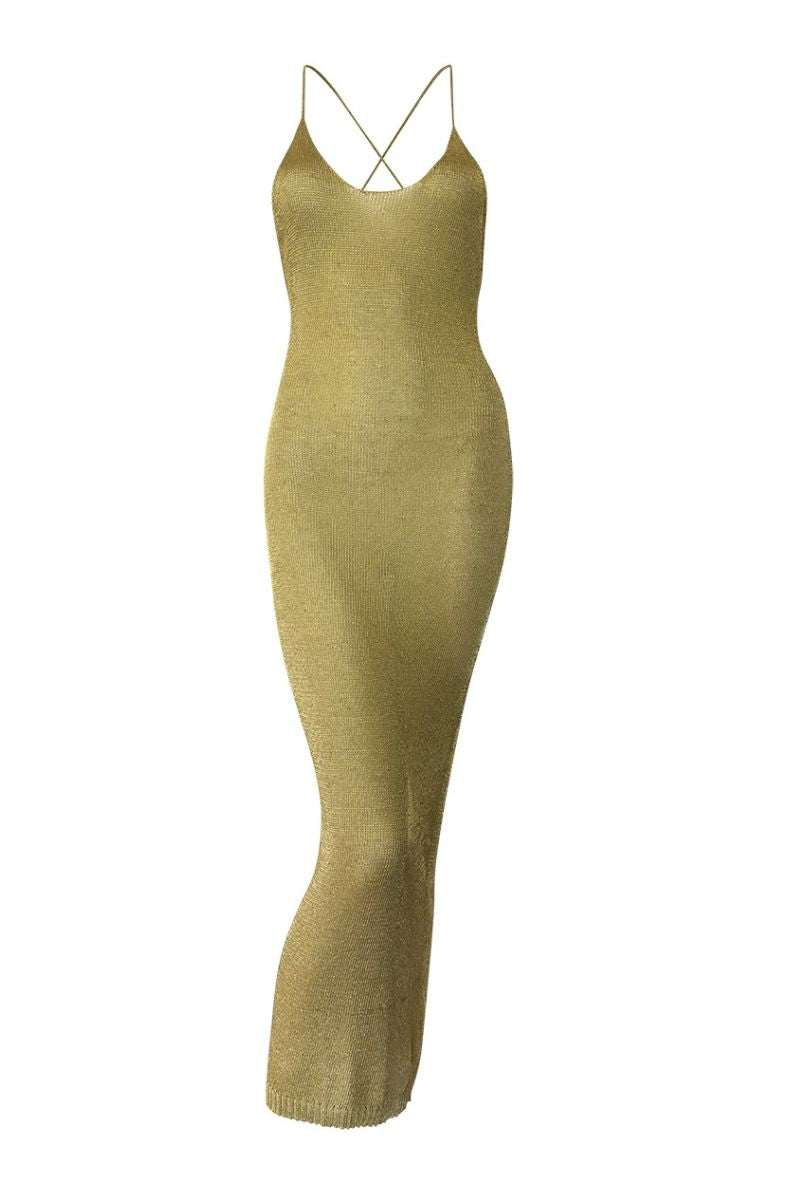 LIGHT GOLD SPARKLY KNIT MAXI DRESS - CULT MIA