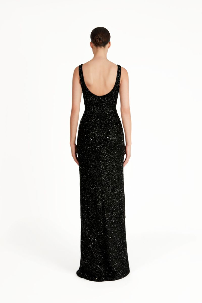 Black Kroon maxi dress by Khanum's featuring a flowing fabric and elegant design, perfect for formal or casual occasions.