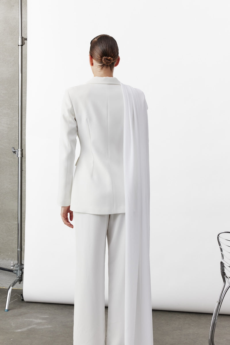 Nazlı Ceren Marylebone blazer with chiffon in white, tailored blazer featuring elegant chiffon accents and a fitted silhouette.
