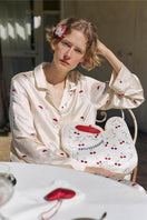 KIKI CHERRY CAT 22 MOMME silk long pajama set from Not Just Pajama, featuring cherry cat print on soft, luxurious silk loungewear.