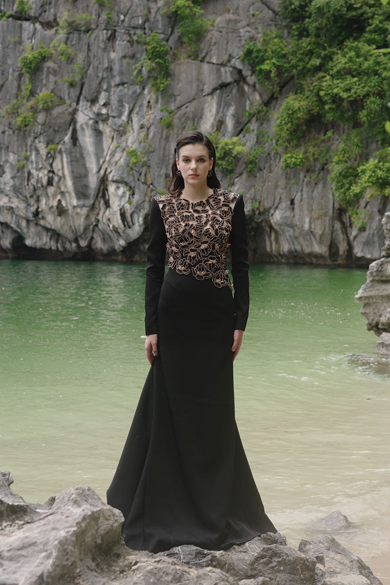 VELVET SATIN FLORAL EMBELLISHED DRESS IN BLACK
